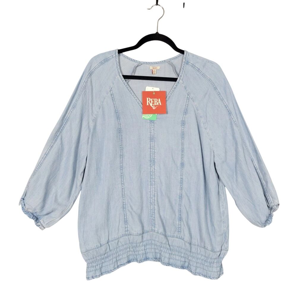 NWT REBA Blue Chambray Tencel Smocked Waist Boho Western Top SIZE MEDIUM